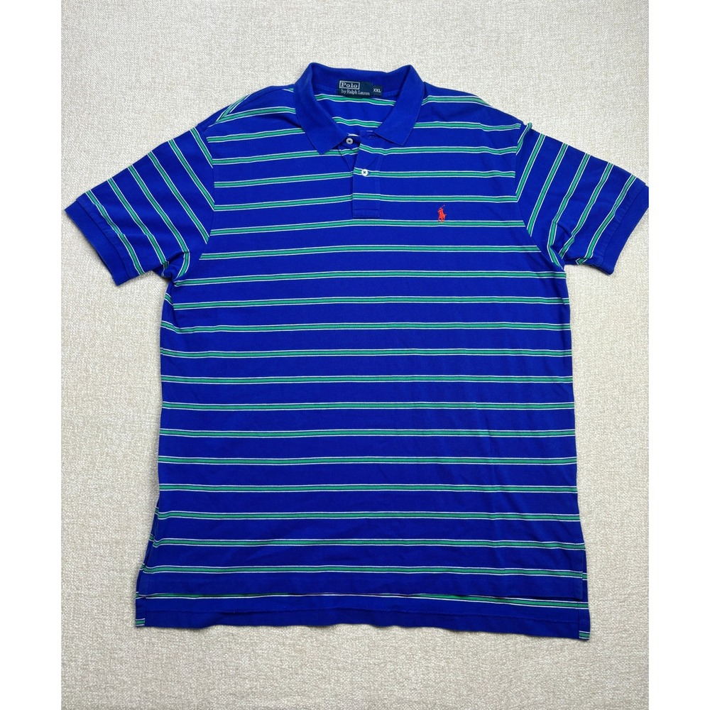 Polo Ralph Lauren Mens XXL Blue Green Striped Short Sleeve Pique Polo Shirt